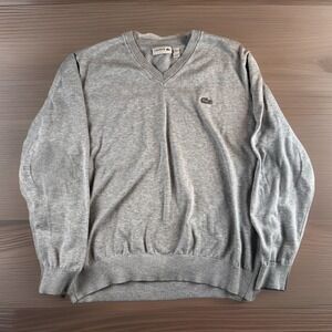Lacoste V-Neck Cotton Sweater Men's size L Heather Gray Logo Preppy
